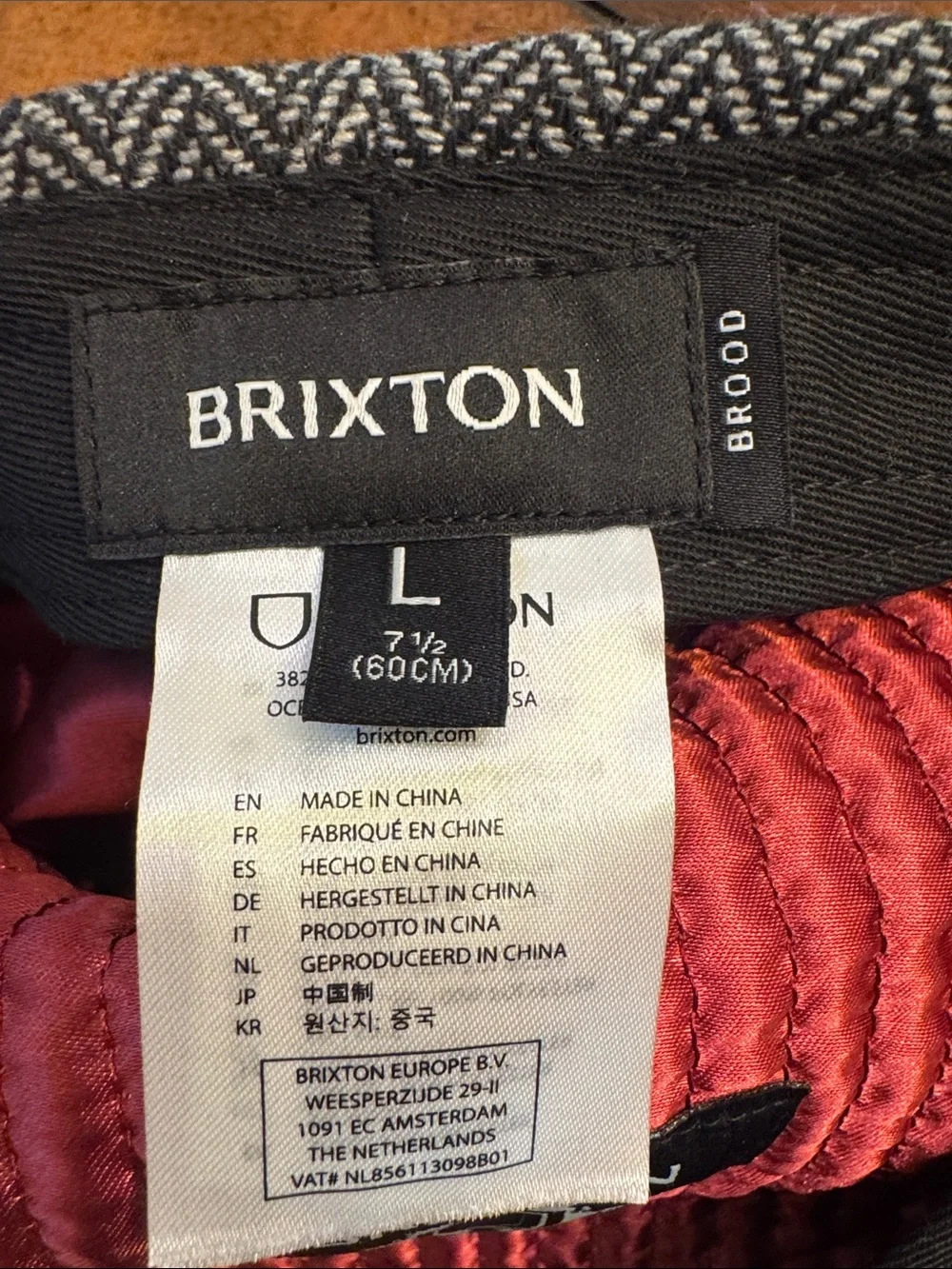 Brixton Gray Herringbone Newsboy Cap with Red Quilted Lining